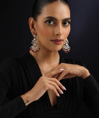 Gold plated red stone kundan jhumkas 1