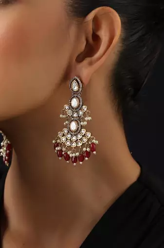 Gold plated red stone kundan jhumkas