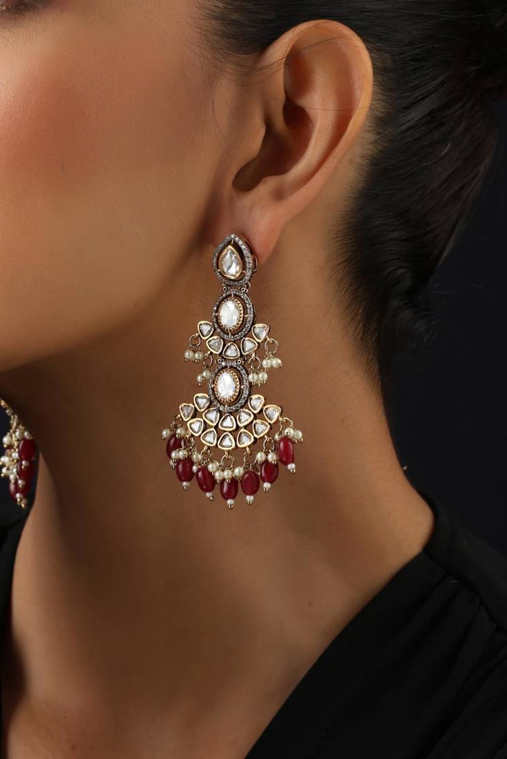 Gold plated red stone kundan jhumkas