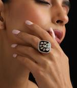 Gold plated green stone kundan ring