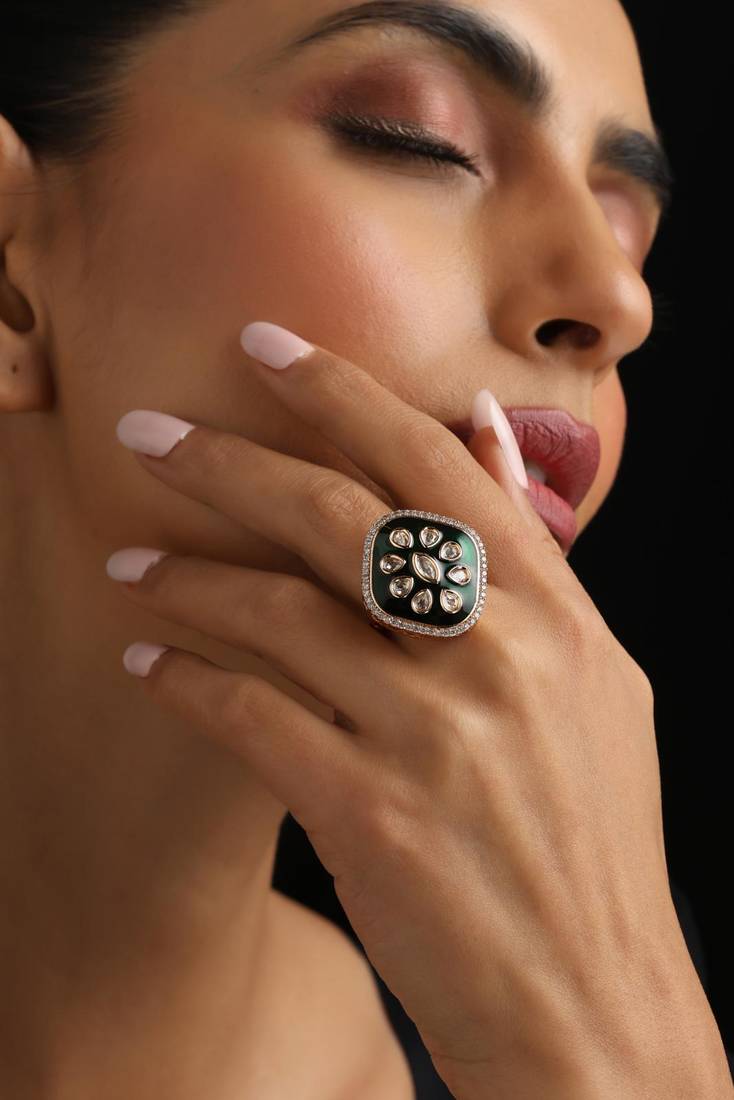 Gold plated green stone kundan ring