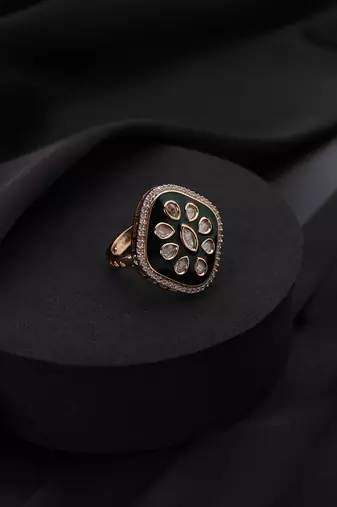 Gold plated green stone kundan ring