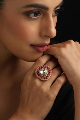 Gold plated red stone kundan ring 1