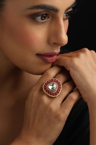Gold plated red stone kundan ring