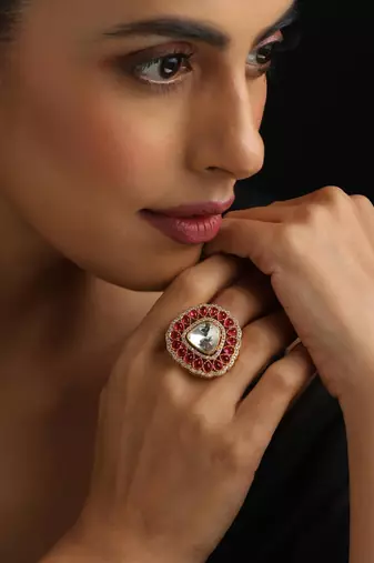 Gold plated red stone kundan ring