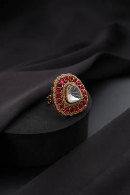 Gold plated red stone kundan ring 2