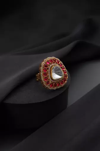 Gold plated red stone kundan ring