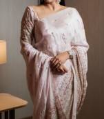 Cream pure tissue silk heavy thread embroidery work on border with zari weaving saree with blouse