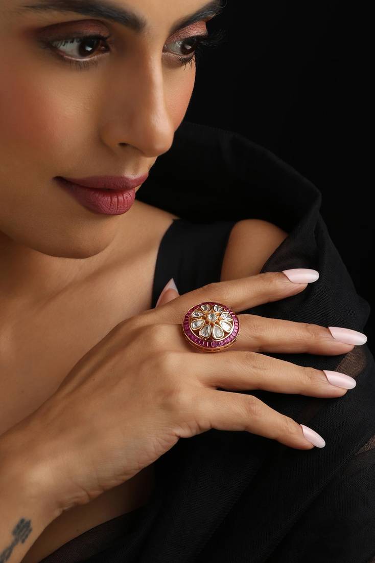 Gold plated red stone kundan ring