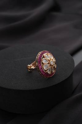 Gold plated red stone kundan ring 2