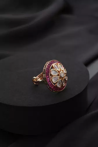 Gold plated red stone kundan ring