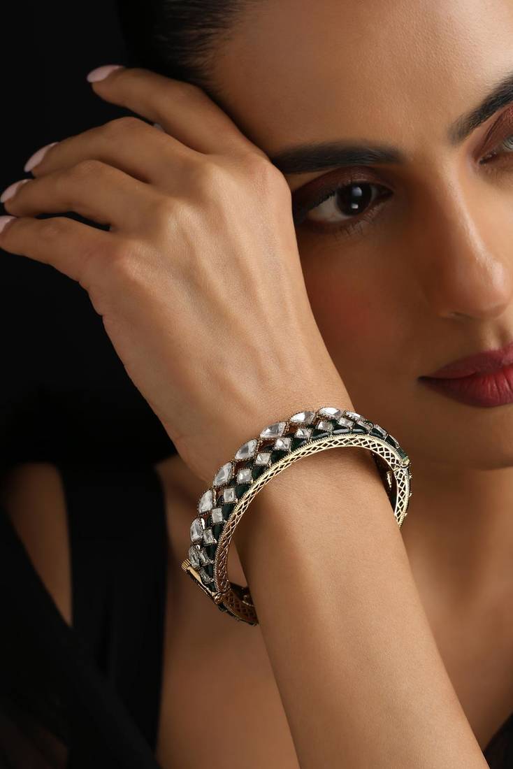 Gold plated green stone kundan bangle