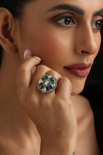Gold plated green stone kundan ring