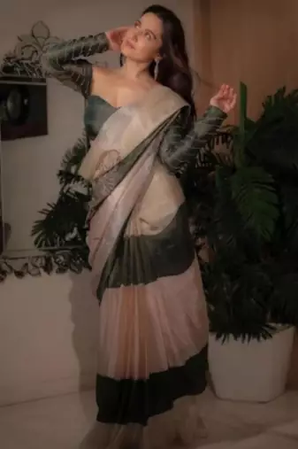 Green and beige colour block saree with embroidered blouse
