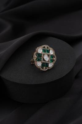 Gold plated green stone kundan ring 2