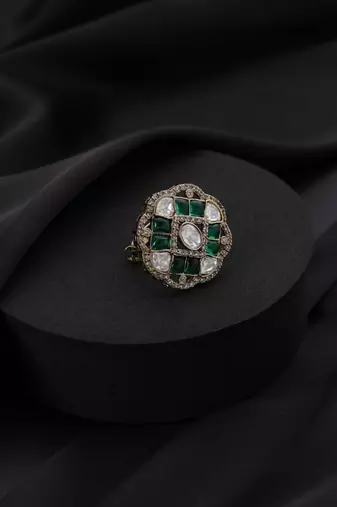 Gold plated green stone kundan ring