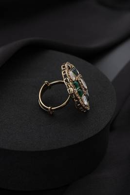 Gold plated green stone kundan ring 3