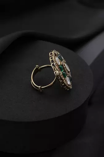 Gold plated green stone kundan ring