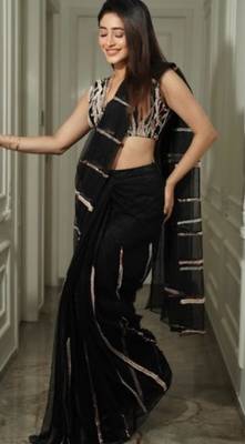 Black Pre-Draped Embroidered Saree Set With Sleeveless Blouse 5