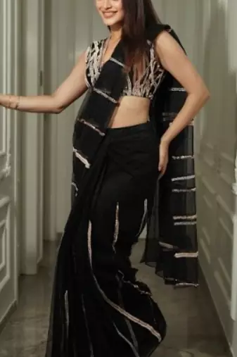 Black Pre-Draped Embroidered Saree Set With Sleeveless Blouse