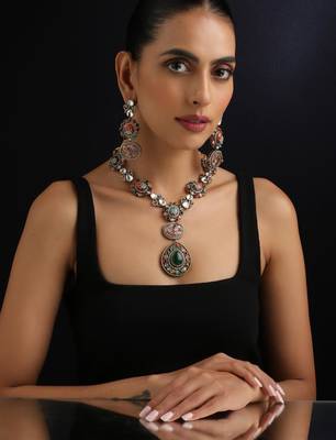 Gold plated multicolour kundan necklace set 1