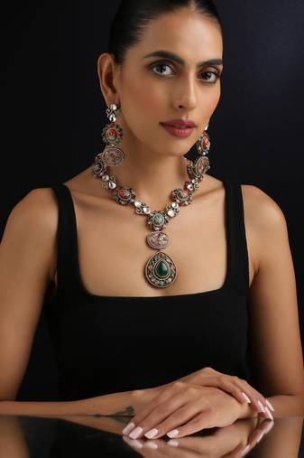 Gold plated multicolour kundan necklace set