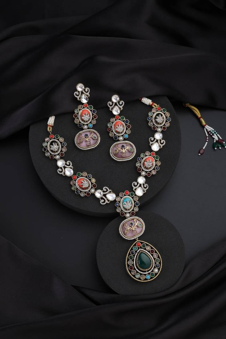 Gold plated multicolour kundan necklace set