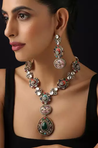 Gold plated multicolour kundan necklace set
