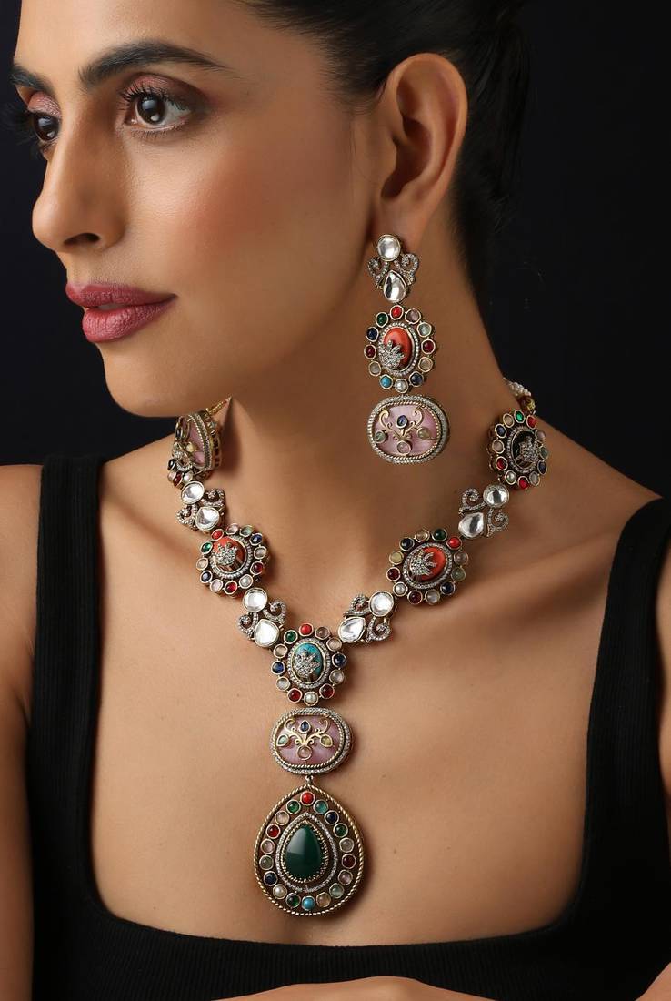 Gold plated multicolour kundan necklace set