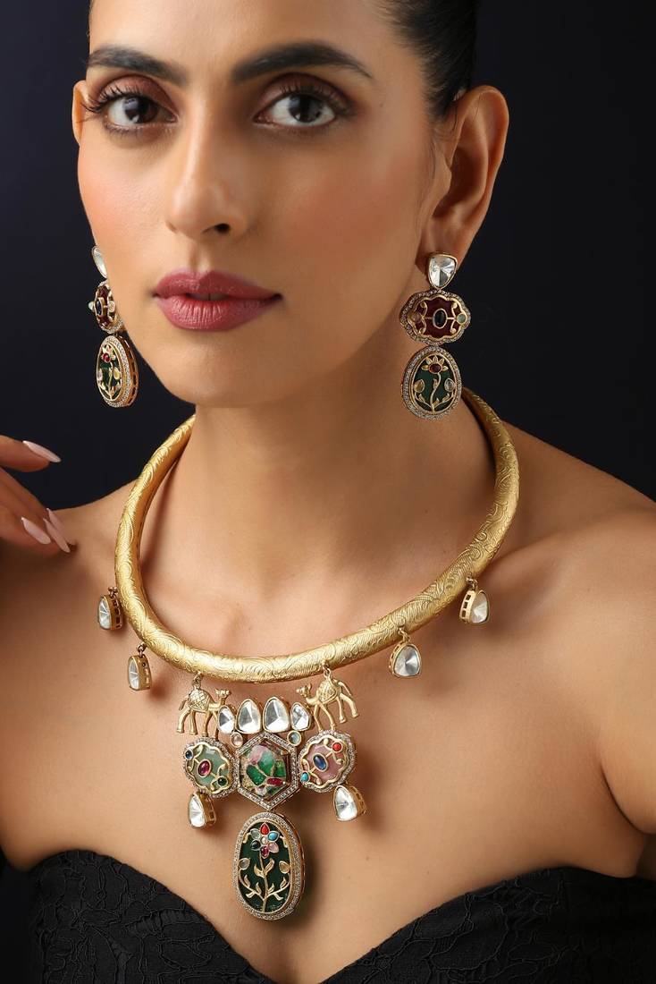 Gold plated multicolour necklace set