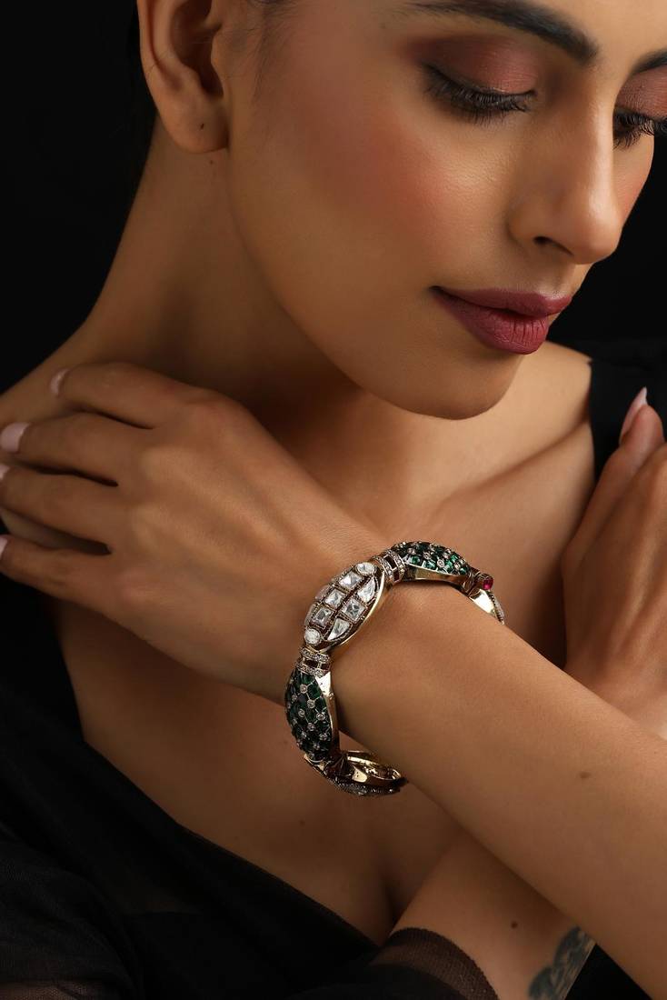 Gold plated green stone kundan bangle