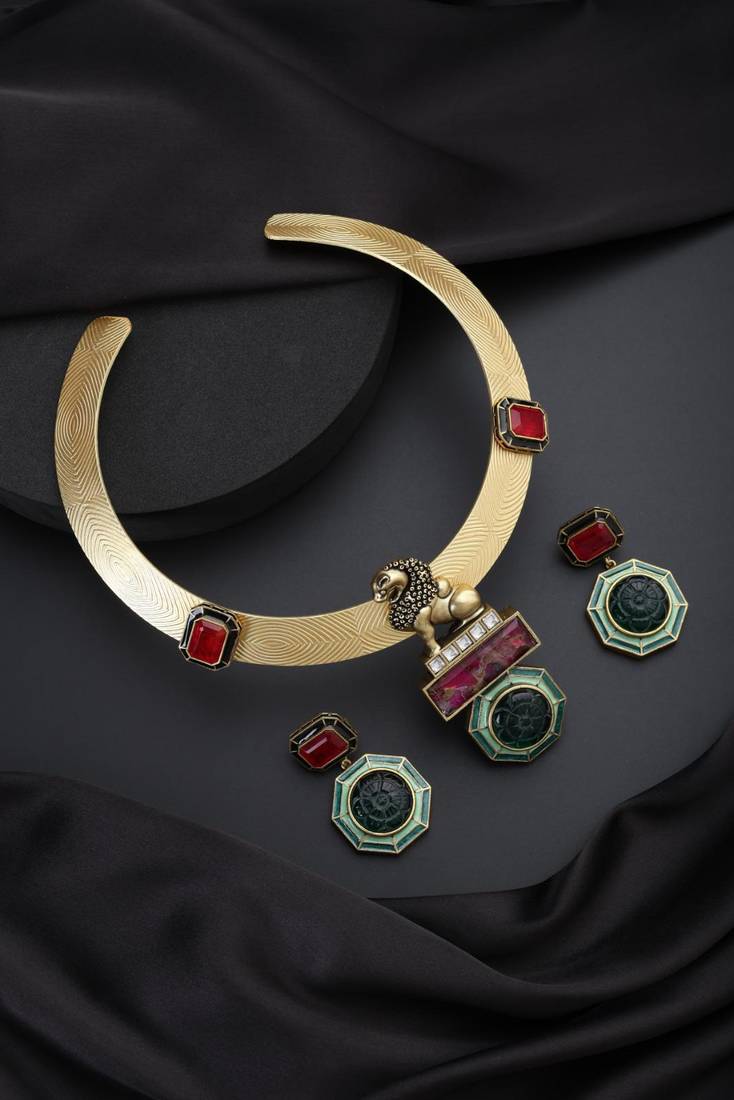 Gold plated multicolour necklace set