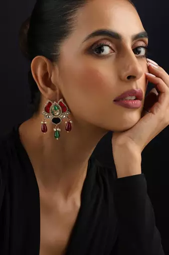 Gold plated multicolour kundan dangler earrings