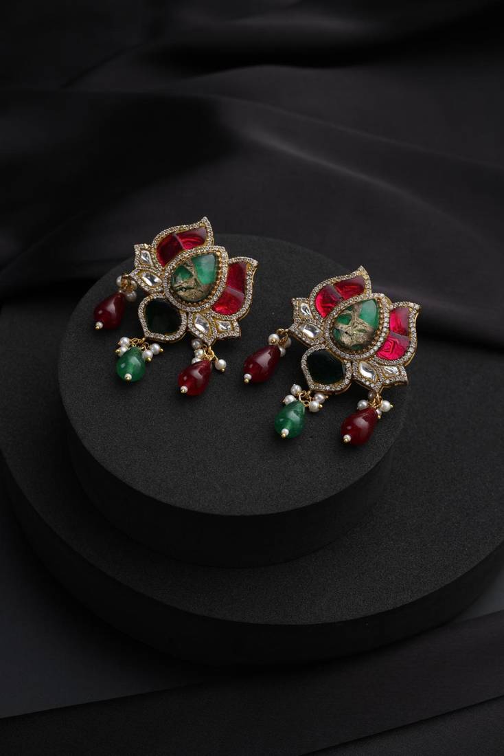Gold plated multicolour kundan dangler earrings