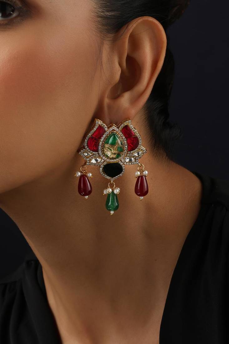 Gold plated multicolour kundan dangler earrings