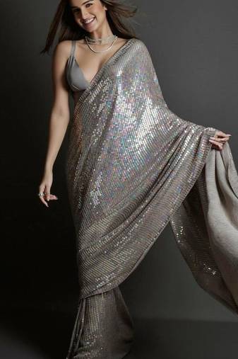Embellished grey color  bollywood georgette saree with unstiched blouse