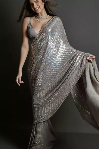 Embellished grey color  bollywood georgette saree with unstiched blouse