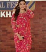 ready to wear pink georgette jungle print  saree