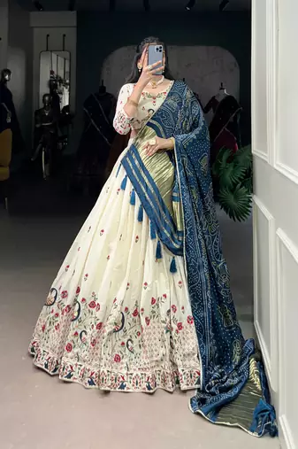 Off White Khadi Cotton Sequins Thread Embroidered Lehenga Choli with Blue Contrast Dupatta