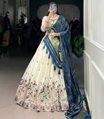 Off White Khadi Cotton Sequins Thread Embroidered Lehenga Choli with Blue Contrast Dupatta