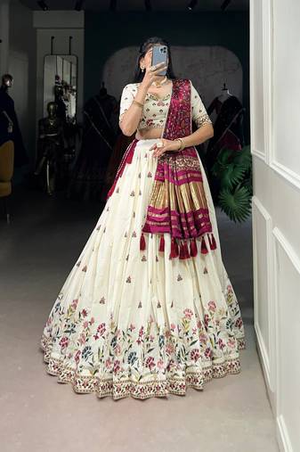 Off White Khadi Cotton Sequins Thread Embroidered Lehenga Choli with maroon Contrast Dupatta