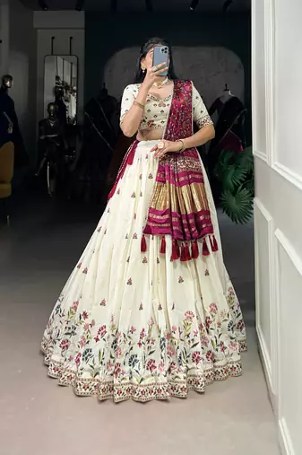Off White Khadi Cotton Sequins Thread Embroidered Lehenga Choli with maroon Contrast Dupatta