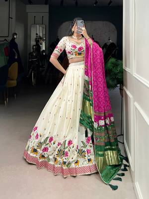 Off White Khadi Cotton Floral Sequins Embroidered Lehenga Choli with Pink Contrast Dupatta 1