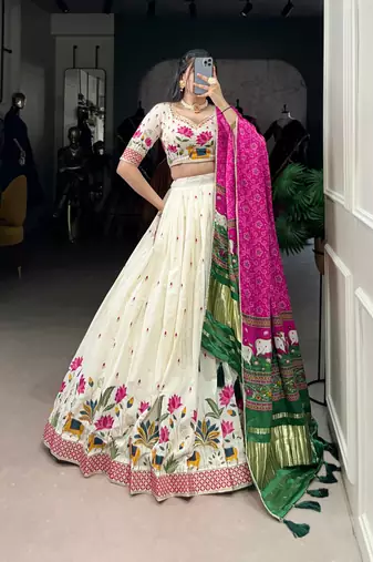Off White Khadi Cotton Floral Sequins Embroidered Lehenga Choli with Pink Contrast Dupatta