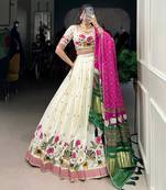Off White Khadi Cotton Floral Sequins Embroidered Lehenga Choli with Pink Contrast Dupatta