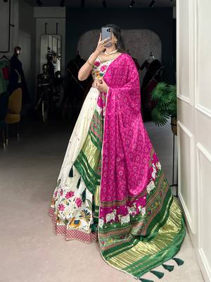 Off White Khadi Cotton Floral Sequins Embroidered Lehenga Choli with Pink Contrast Dupatta 3