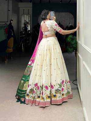 Off White Khadi Cotton Floral Sequins Embroidered Lehenga Choli with Pink Contrast Dupatta 4