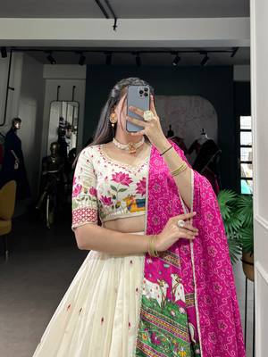 Off White Khadi Cotton Floral Sequins Embroidered Lehenga Choli with Pink Contrast Dupatta 5