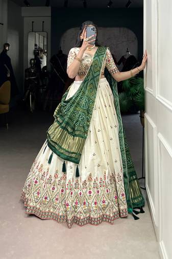 Off White Khadi Cotton Sequins Mirror Embroidered Lehenga Choli with Green Dupatta