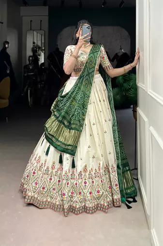 Off White Khadi Cotton Sequins Mirror Embroidered Lehenga Choli with Green Dupatta
